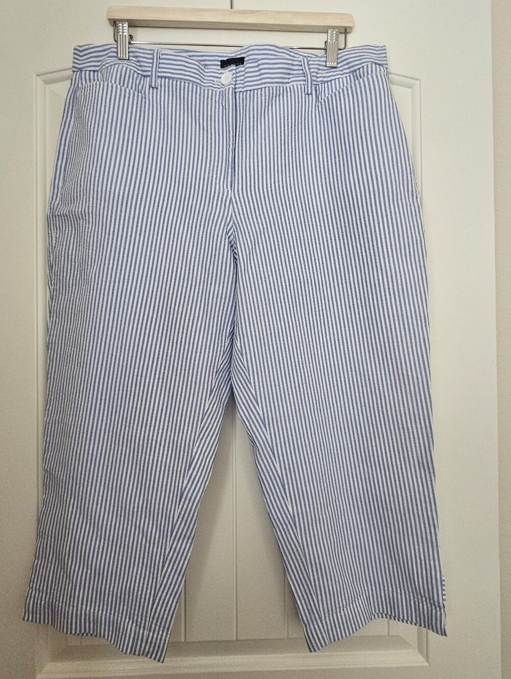Womens Blue White Striped Cropped Capri Pants Breathable Coastal Ankle Pants 16